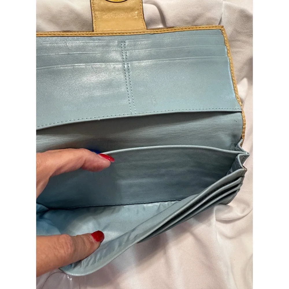Coach Signature C Jacquard Turnlock Trifold Wallet Brown Tan Light Blue Interior